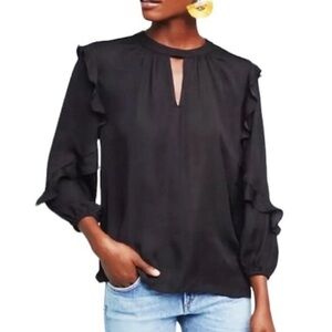 dolan by Anthropologie minimalist Black Ruffle trim satin keyhole Blouse